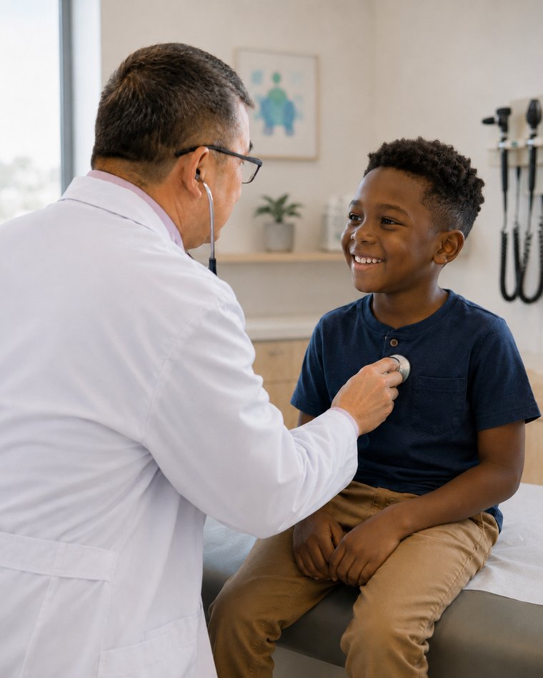 Physician listening to a smiling young boy's heart with a stethoscope