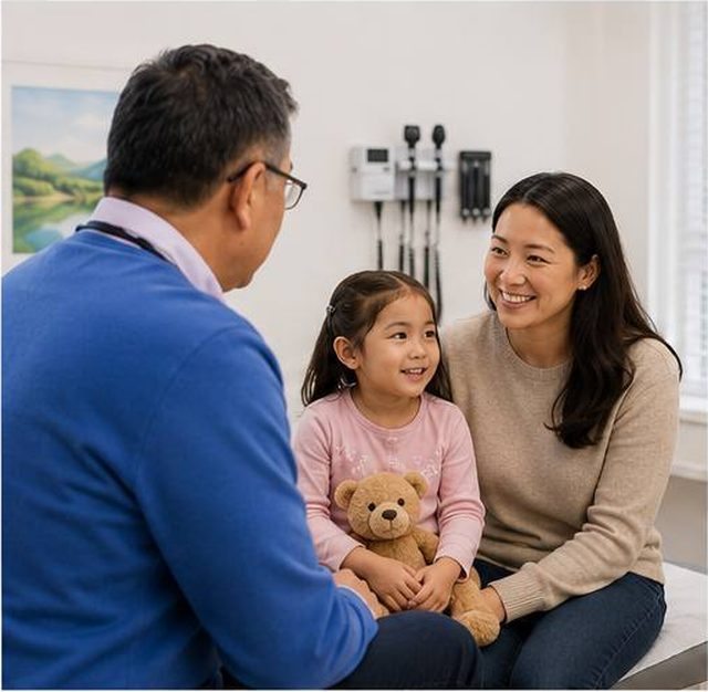 Dr. Qikai Yao examining a young girl holding a teddy bear while her mother watches
