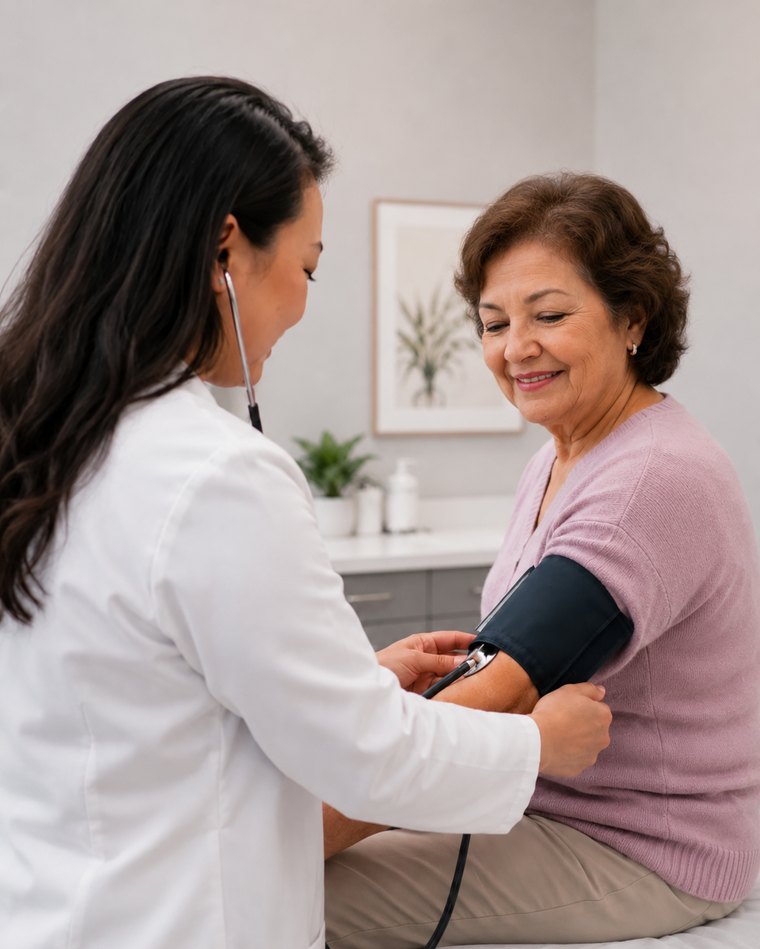 Physician checking a senior woman's blood pressure during a check-up