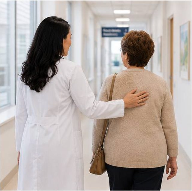 Dr. Liyan Yao walking with a senior patient in the clinic hallway
