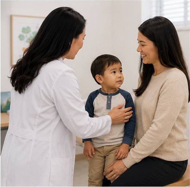 Dr. Liyan Yao gently checking a toddler held by his mother
